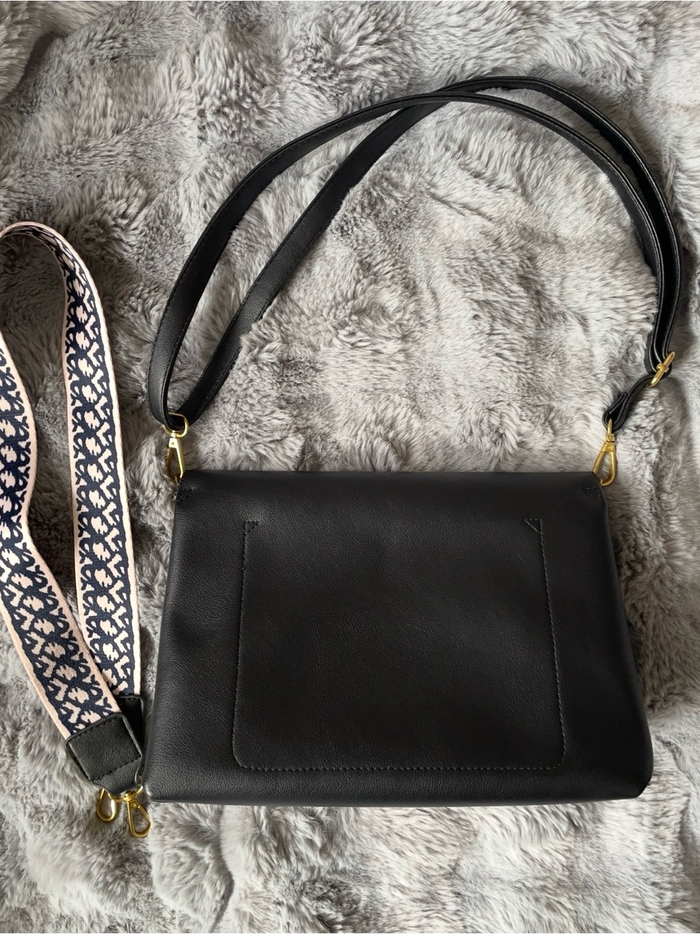 Korean Classic Black Pleather Crossbody Bag with Removable Strap